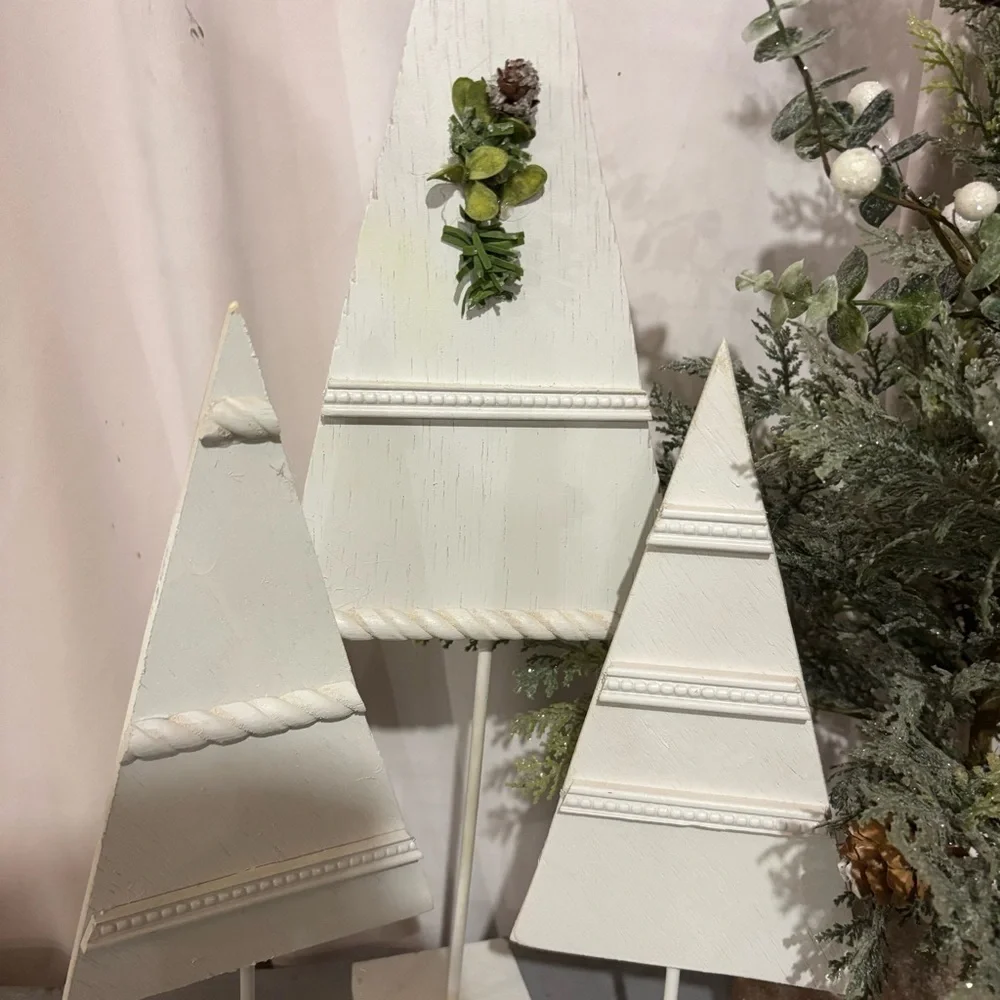 Handmade Wood Holiday Tree Set of 3 Trimmed in Molding Painted White 13 inches